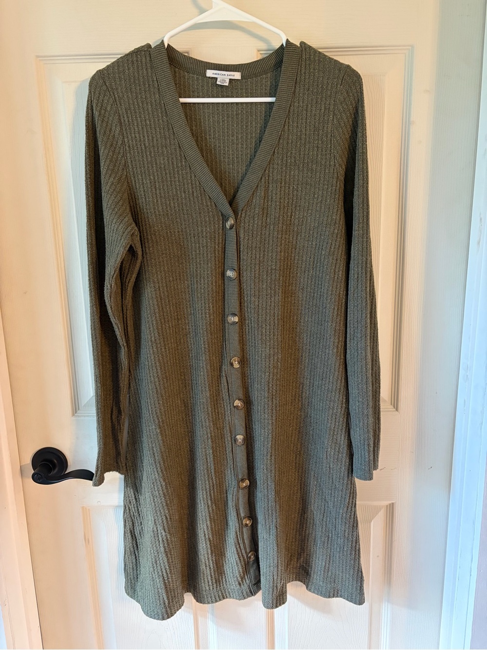 American Eagle Olive Green Button-Front Ribbed Knit Dress - size L tall